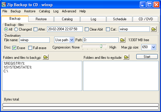 Zip Backup to CD - Data backup to CD or DVD in Zip file format.